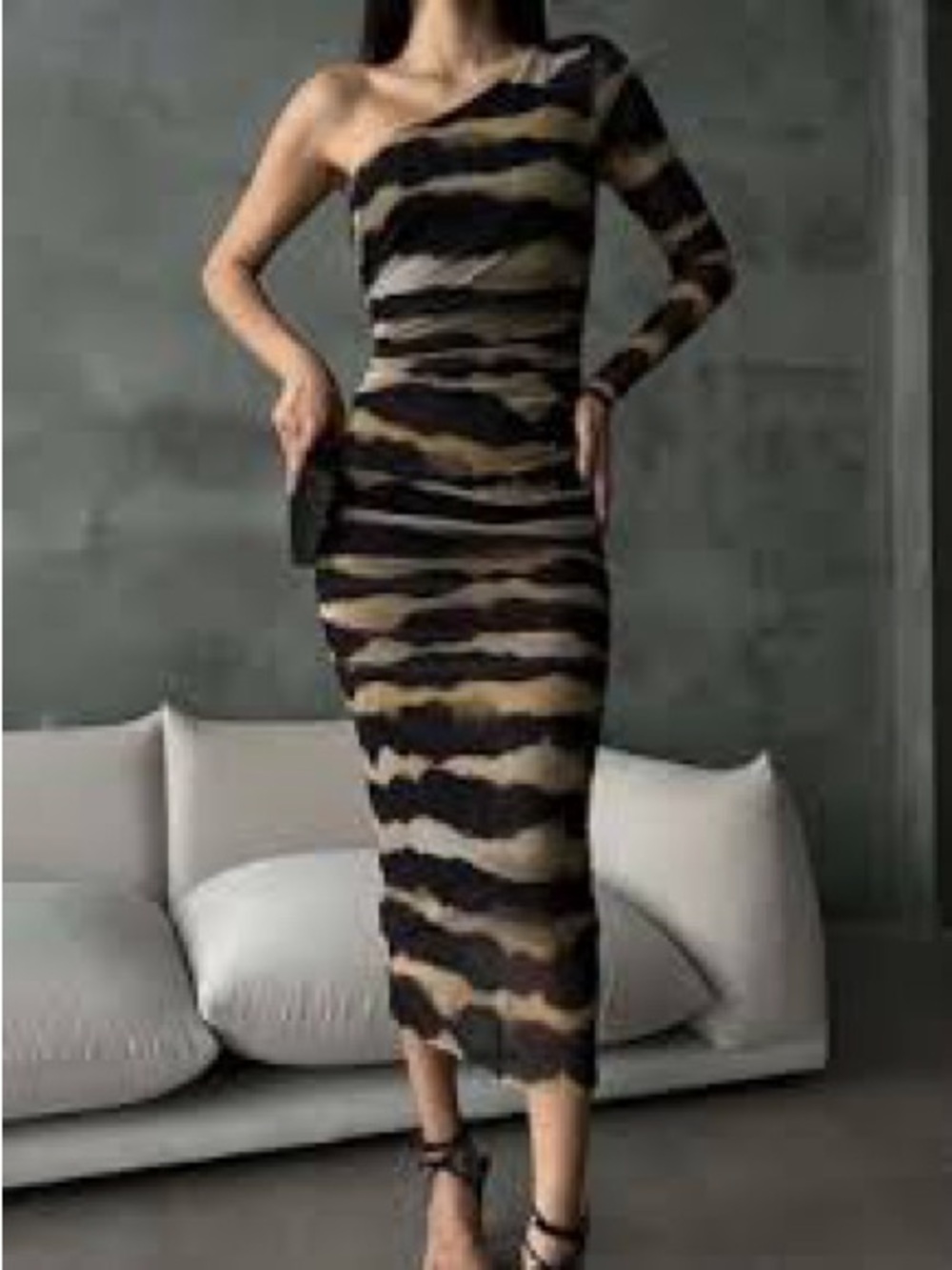 Zara One-Shoulder Black and Tan Wave Ruched Maxi Dress